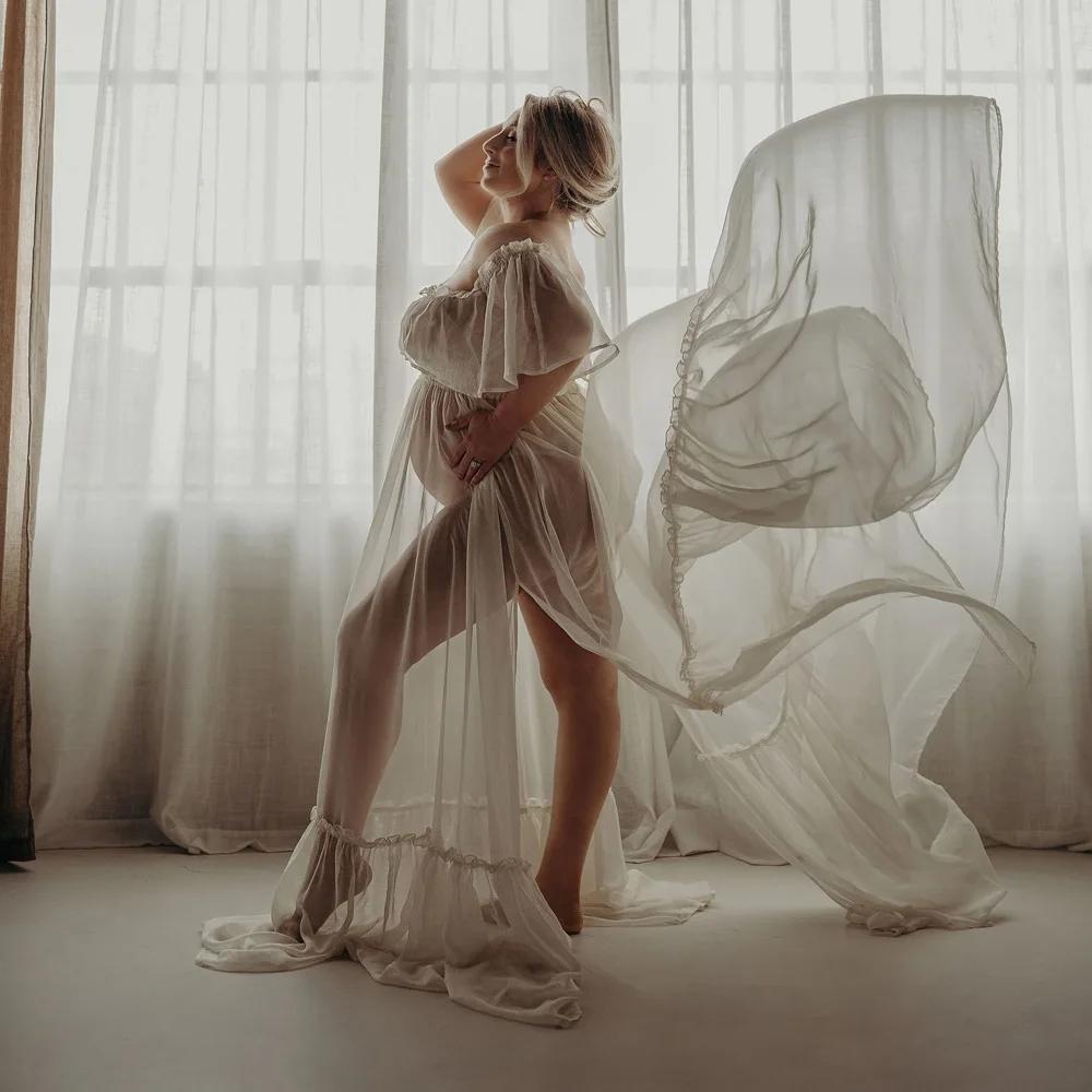 Robes de maternité, vêtements de Studio de séance photo, Sexy, en mousseline de soie, épaules dénudé