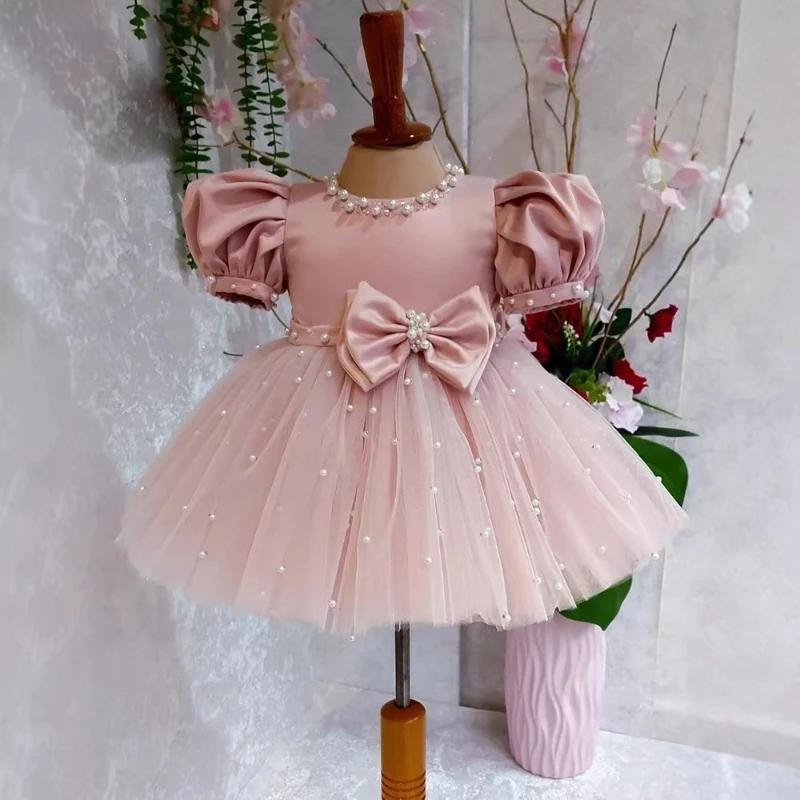 Robe de princesse rose à manches bouffantes 2026 pour fête d'anniversaire, faite à la main avec nœud