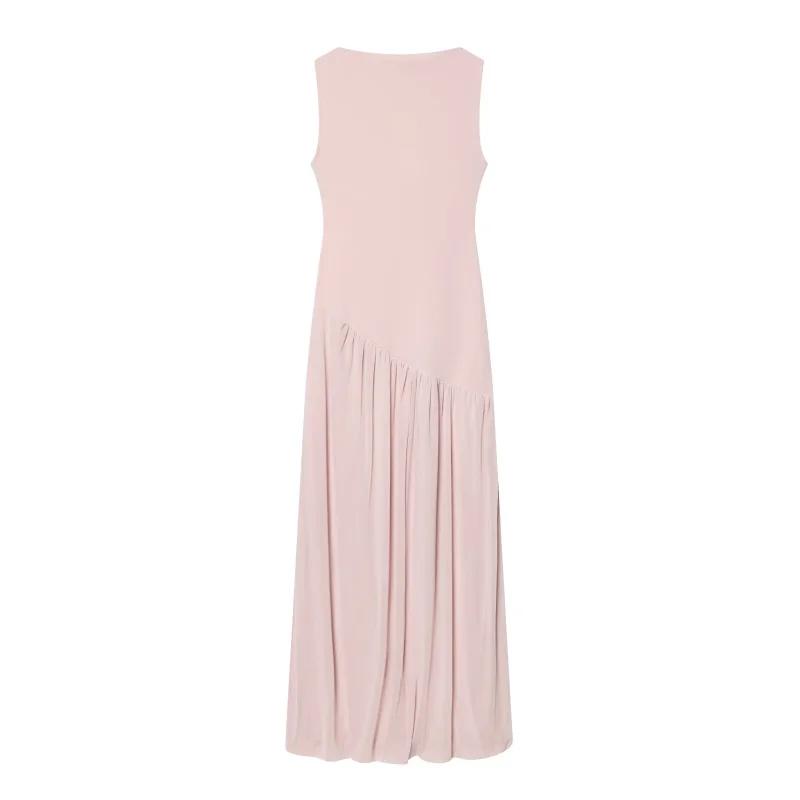 Robe mi-longue plissée marron sans manches à col montant pour femme ETJ, coupe fluide, style minimal