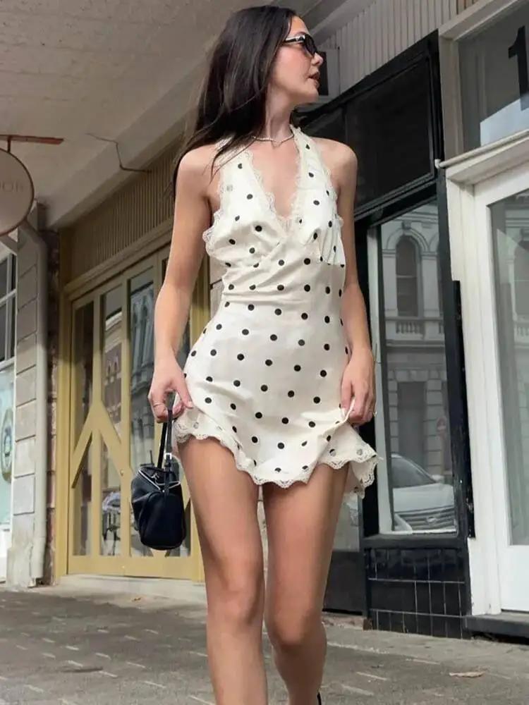 Blifanbo Satin à pois Mini Robe femmes Robe été nouvelle dentelle licou col en V profond sans manche