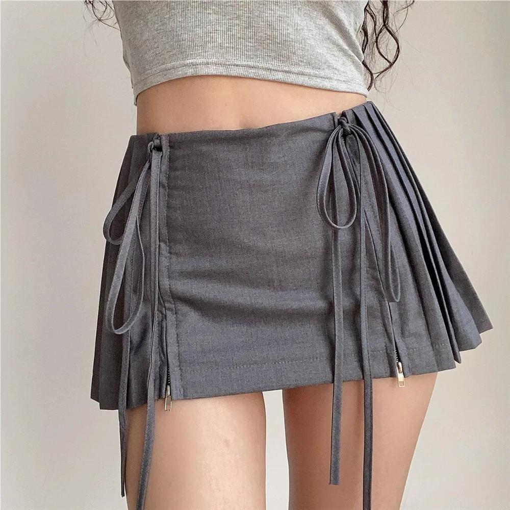 Mini jupe plissée taille haute pour femmes, vêtements de créateurs, fermeture éclair blanche, mode K