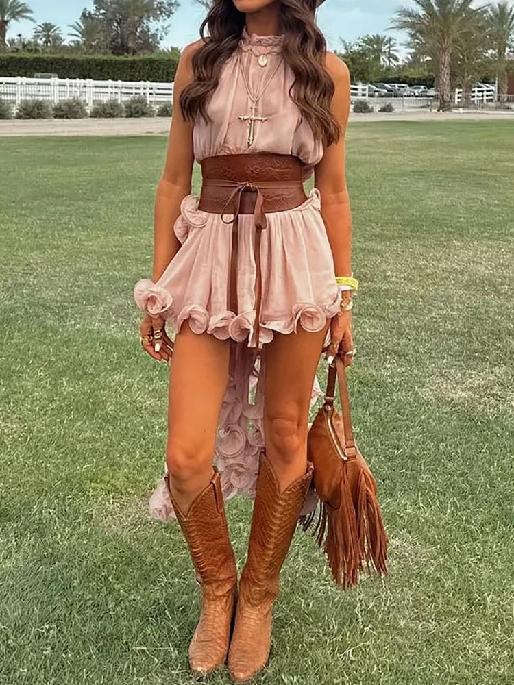 Été Sexy femmes mince solide tenues décontracté sans manches Blouse hauts Mini jupe correspondant co