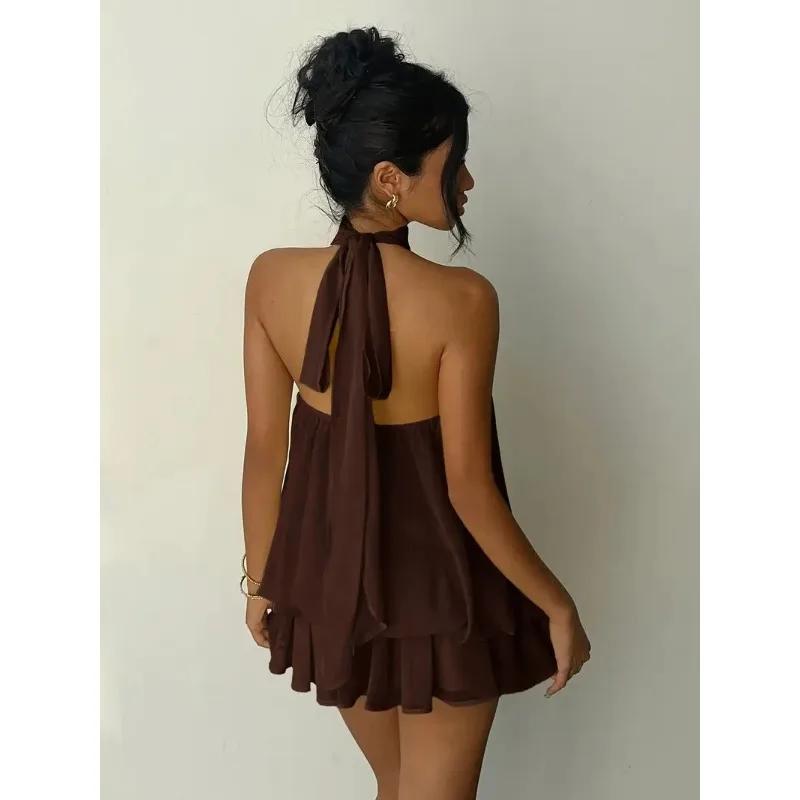 Robe mini élégante en mousseline de soie à col halter sans manches et à volants superposés pour femm