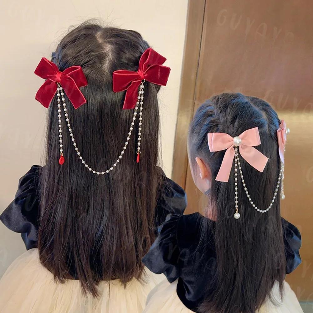 Pince à cheveux avec nœud en chaîne de perles roses, Style princesse doux, épingles à cheveux mignon