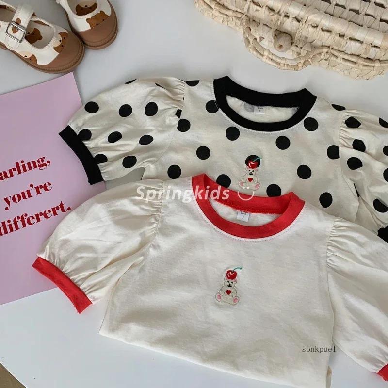 T-shirt d'été pour enfants, mignon, ondulé, à pois, petit ours brodé, vêtements pour enfants