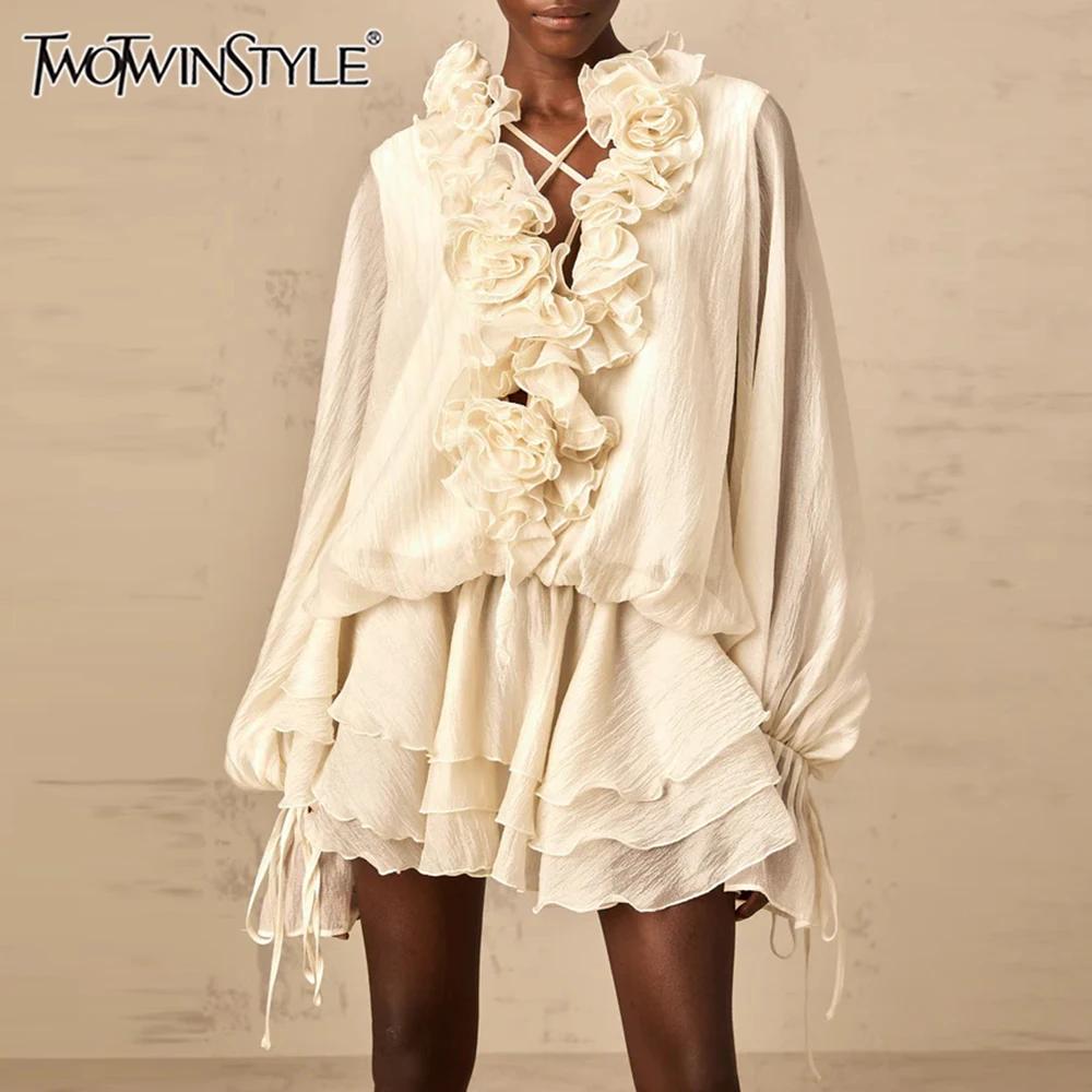 TWOTWINSTYLE – robe ample à fleurs 3D pour femmes, couleur unie, col en V, manches longues, Patchwor