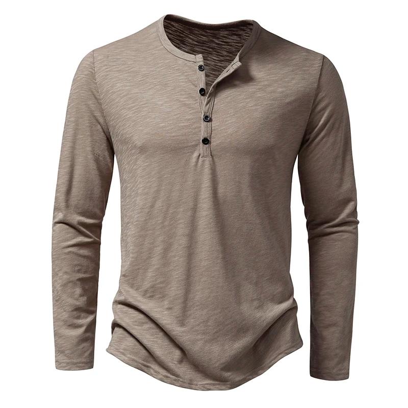 Nouveau hommes coton Henley t-shirt à manches longues T-Shirts basique décontracté bouton col respir