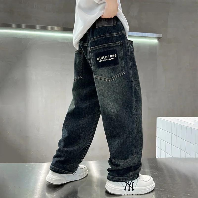 Jean denim adolescents printemps 2026 - Pantalon droit poches lettres garçons 4-14 ans décontracté