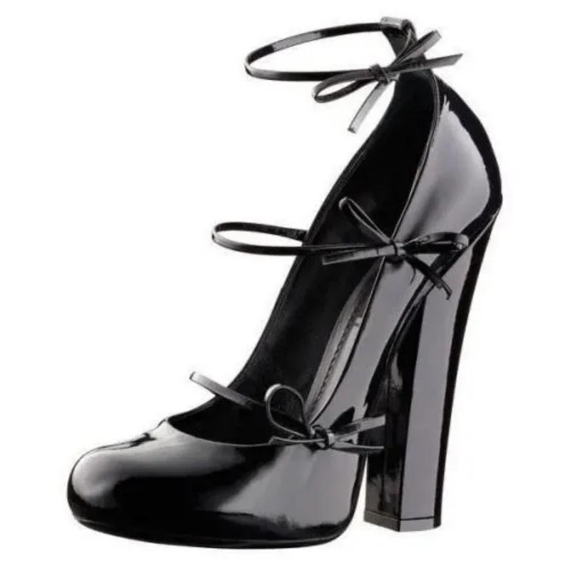 Chaussures à talons hauts en cuir verni avec nœud papillon Arden Furtado, bout rond, talons épais, e