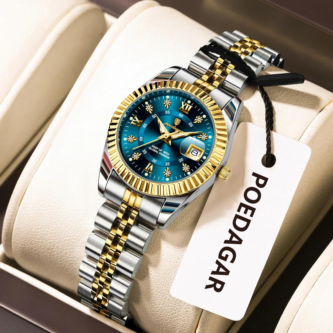 POEDAGAR haut de gamme montre pour femmes étanche en acier inoxydable lumineux Date dames montre Qua