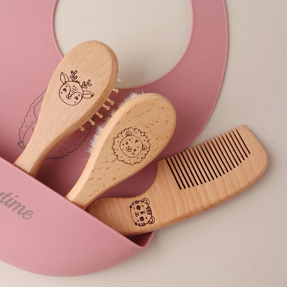 3 pièces ensemble gravure panda bébé peigne brosse ensemble nouveau-né coffret cadeau laine naturell