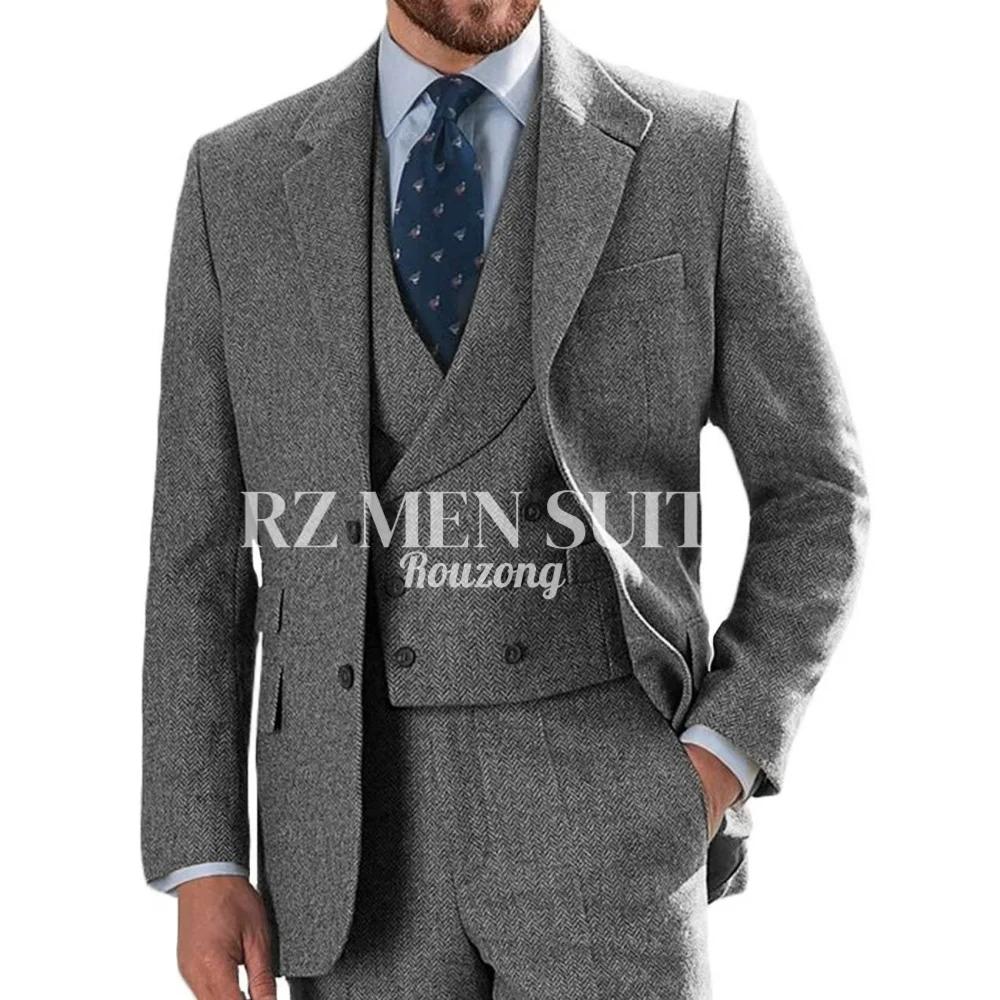 Costumes en tweed pour hommes, 3 pièces, en tweed à chevrons, coupe ajustée, blazer croisé, smoking,