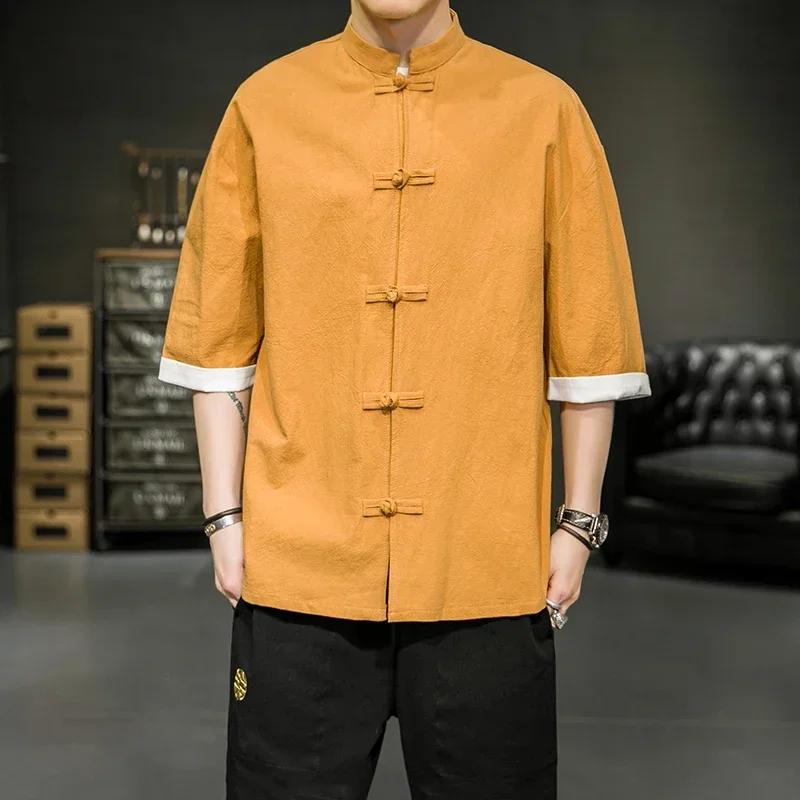 Chemise d'été de Style japonais pour hommes, col montant chinois, Yukata, Kimono samouraï, T-shirt b