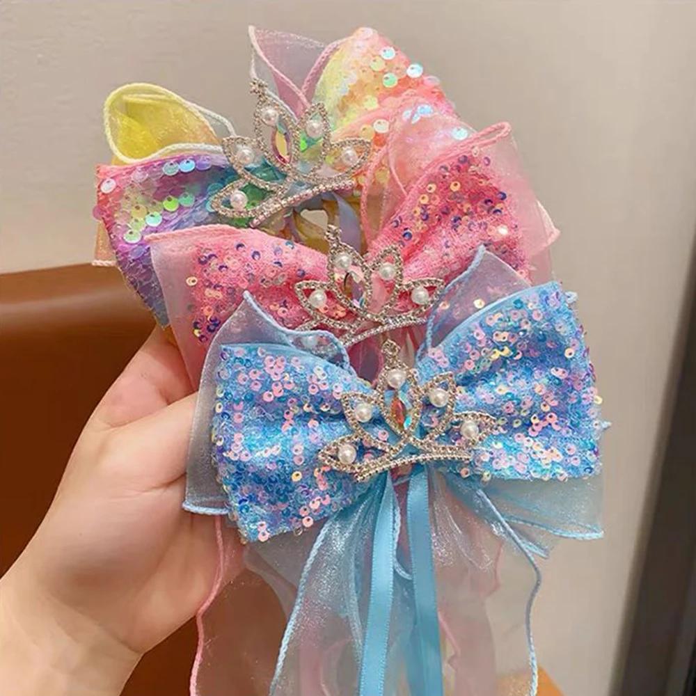 Épingle à cheveux flocon de neige, grand nœud, ruban à paillettes, Clips supérieurs, couronne de pri