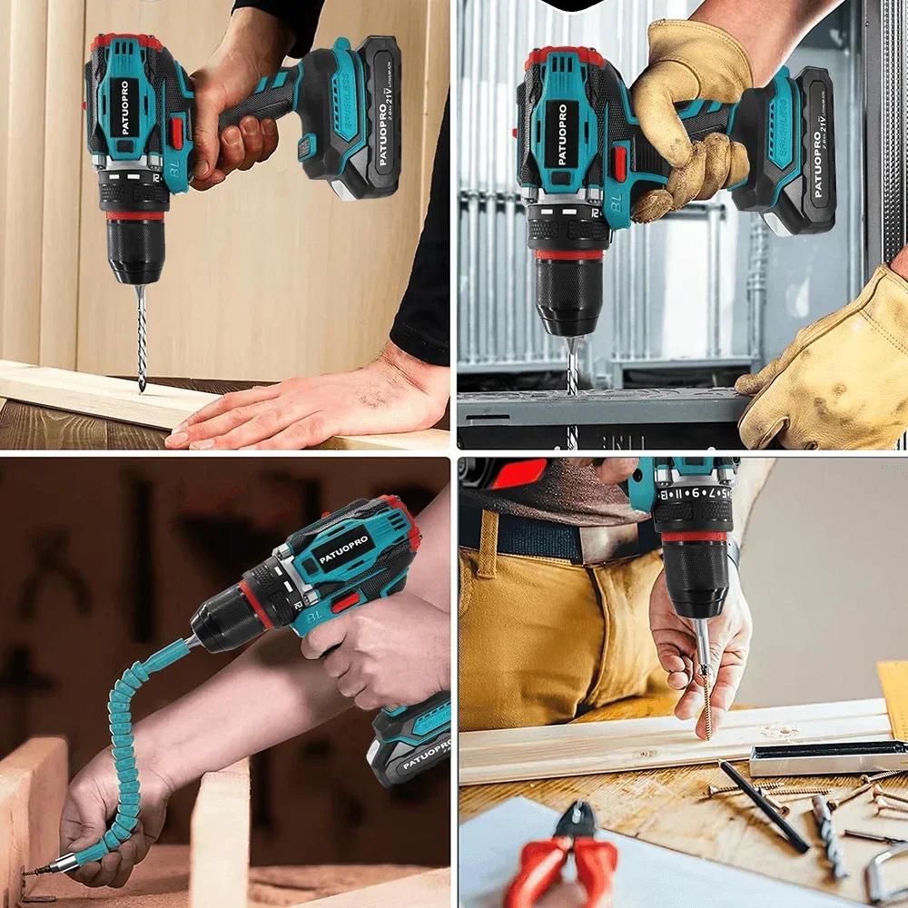 PATUOPRO – perceuse électrique sans fil sans balais, 10mm, mandrin métallique à 2 vitesses, tournevi
