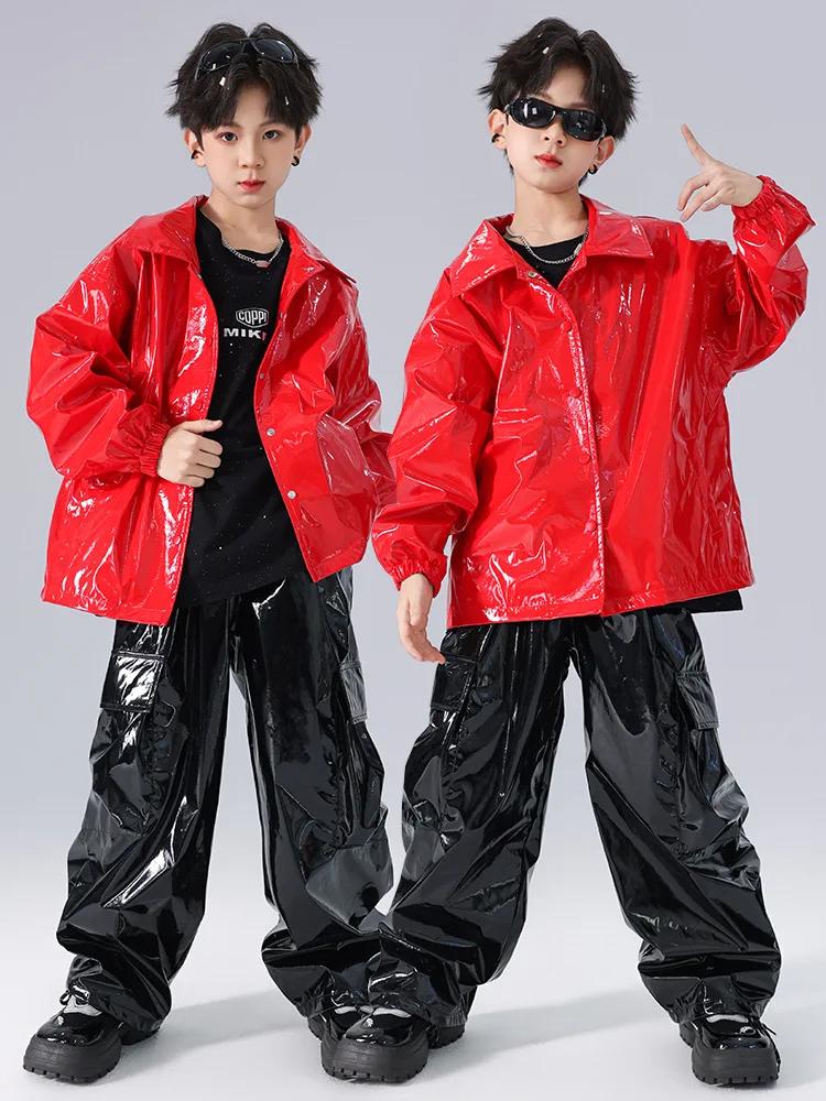 Ensembles veste et pantalon en cuir brillant pour enfants, vêtements de performance de danse sur scè