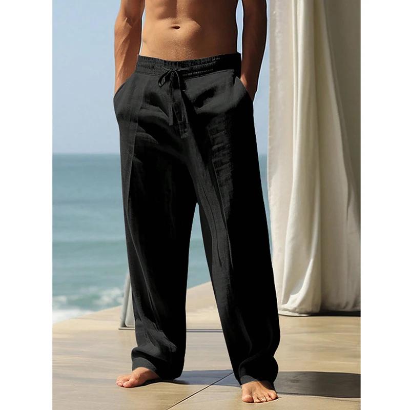 Pantalons de sport et de yoga pour hommes, printemps-automne, en tissu mélangé coton et lin, coupe a