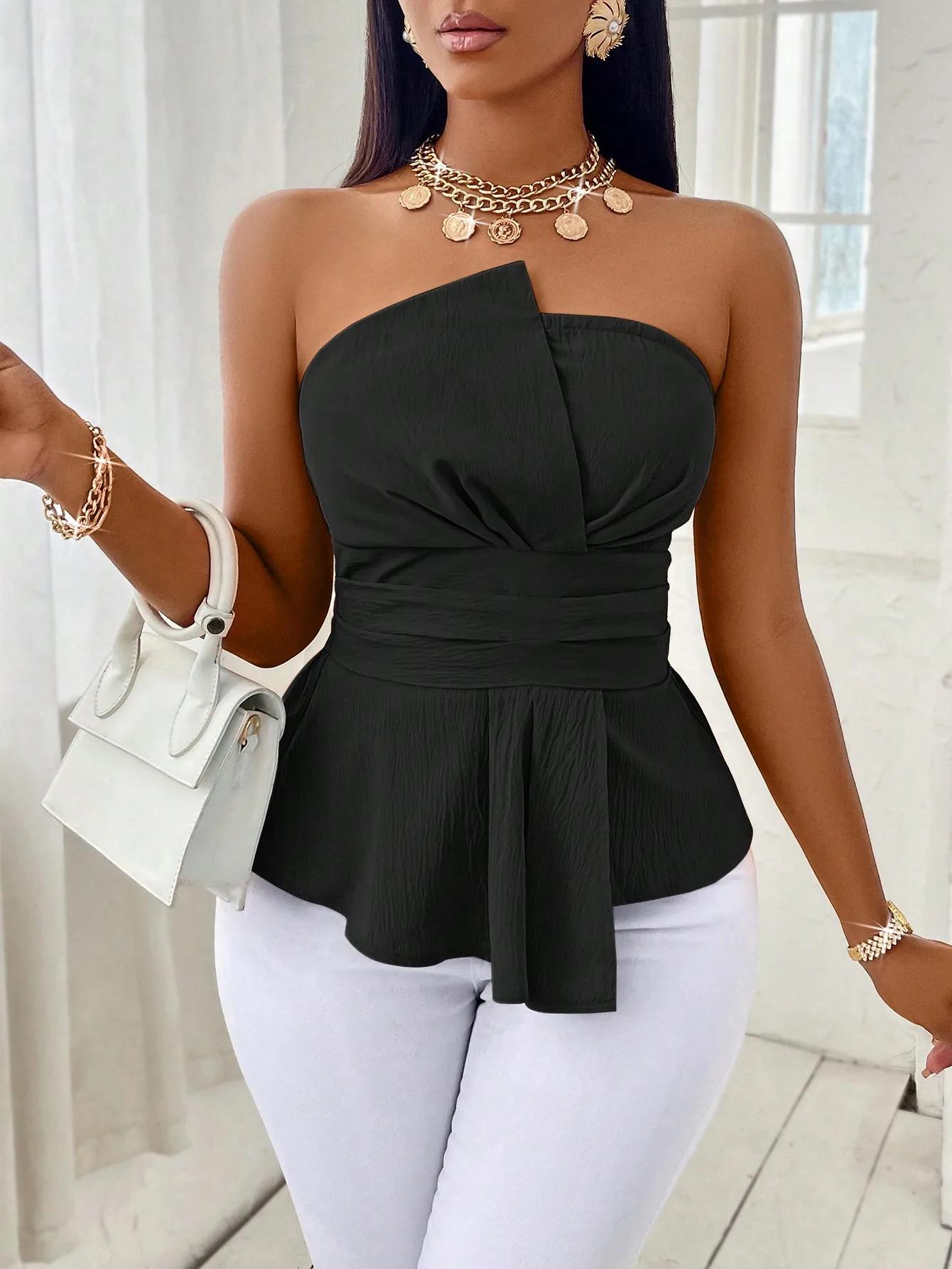 Haut sans bretelles pour femme, noir uni, coupe ajustée, style peplum, devant croisé, taille ceintur