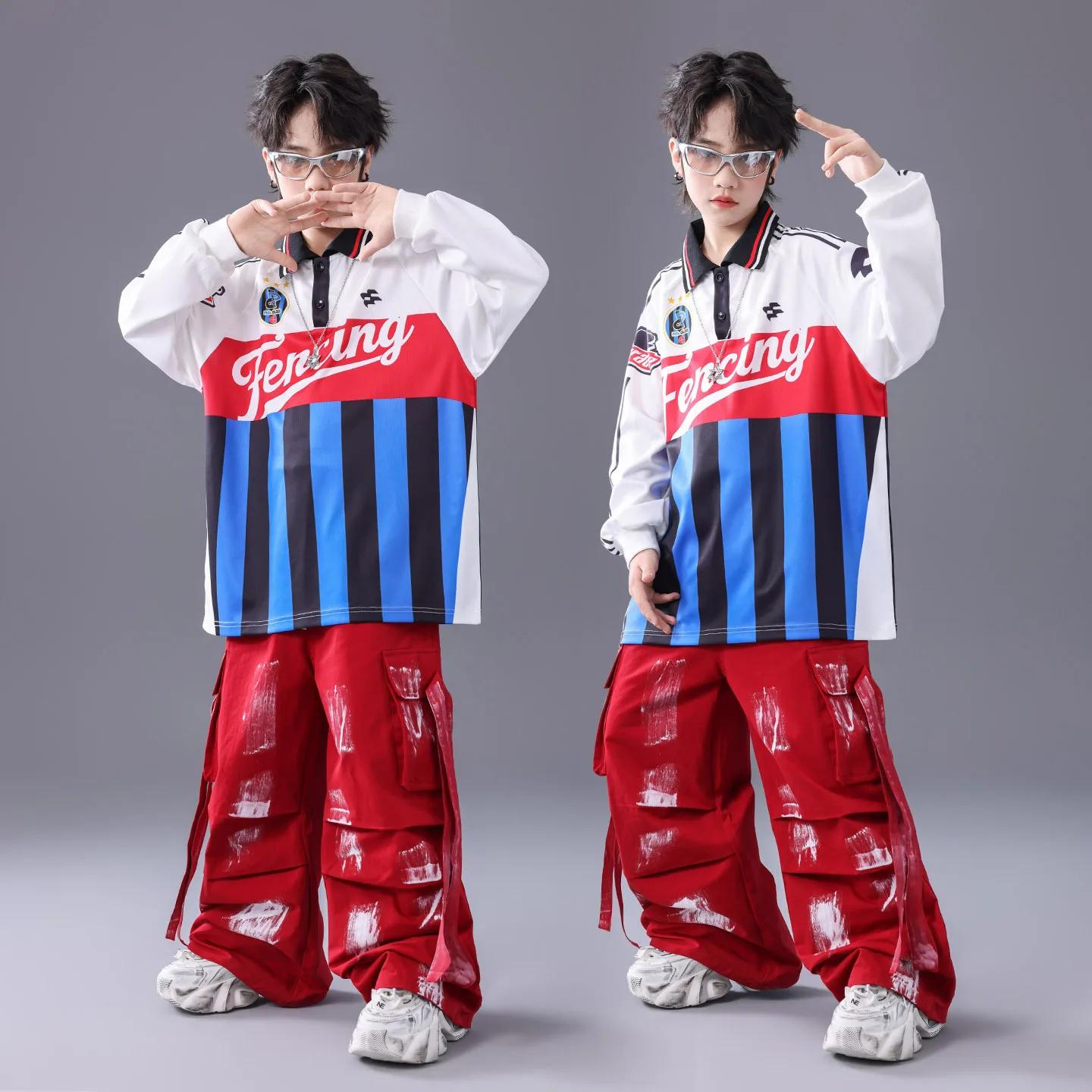 Ensemble hip-hop K-pop pour fille - T-shirt rayures patchwork et pantalon cargo danse streetwear