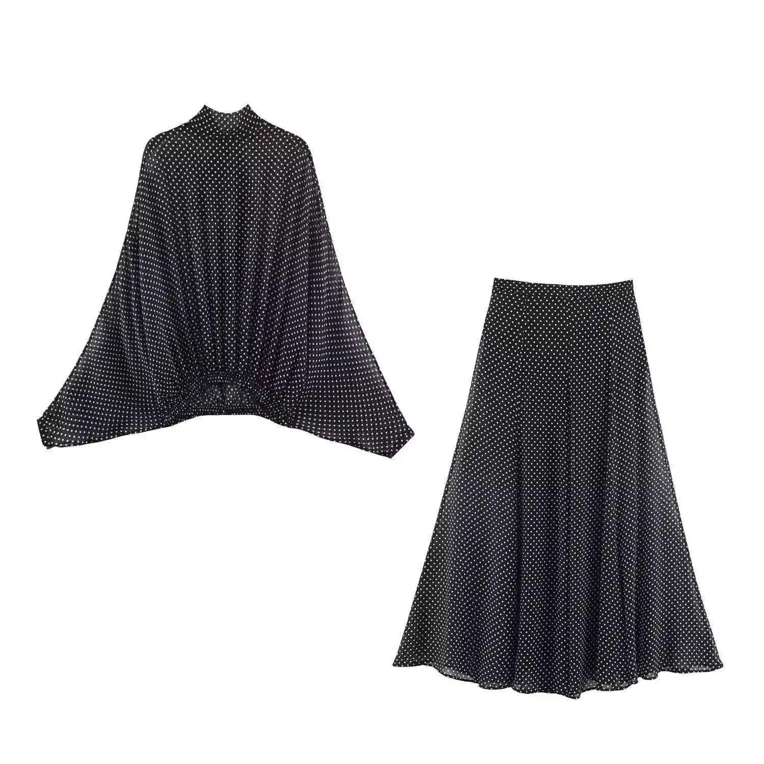 Ensemble deux pièces Streetwear pour femmes, chemisier à pois avec nœud papillon, jupe longue, chemi