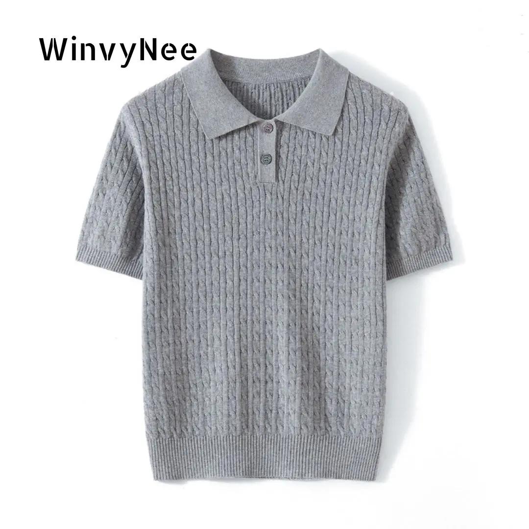 WinvyNee T-shirt en coton pour femme, hauts d'été à manches courtes bleus unis, col polo Y2k, pulls 