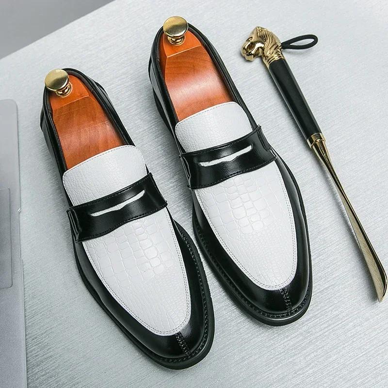 Mocassins de fête pour hommes, couleurs mélangées, chaussures d'affaires en cuir noir et blanc, prod