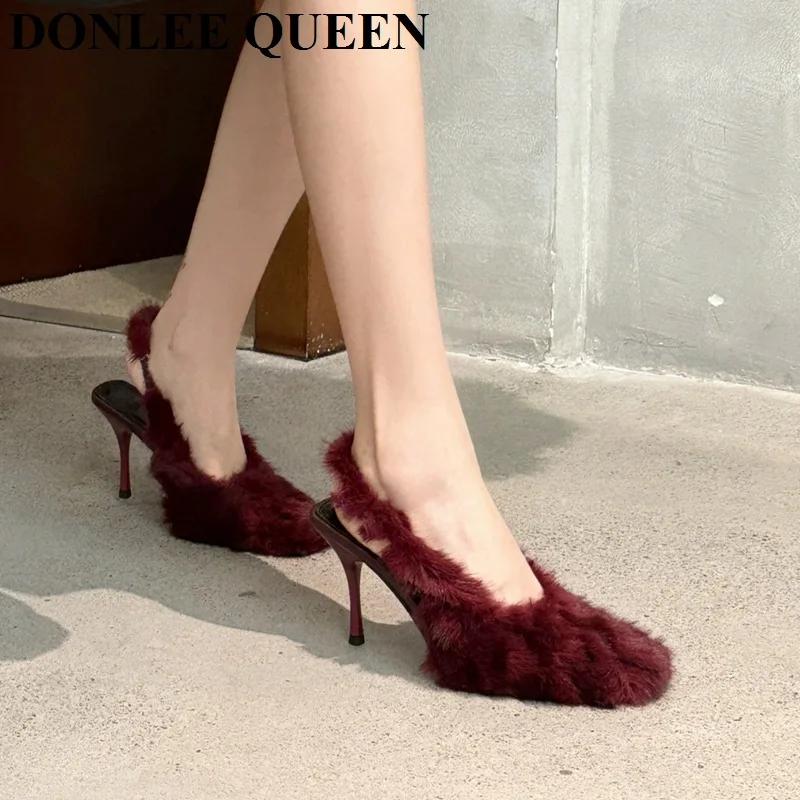 Sandales pointues à bride arrière pour femmes, chaussures à talons hauts, conception de fourrure à e