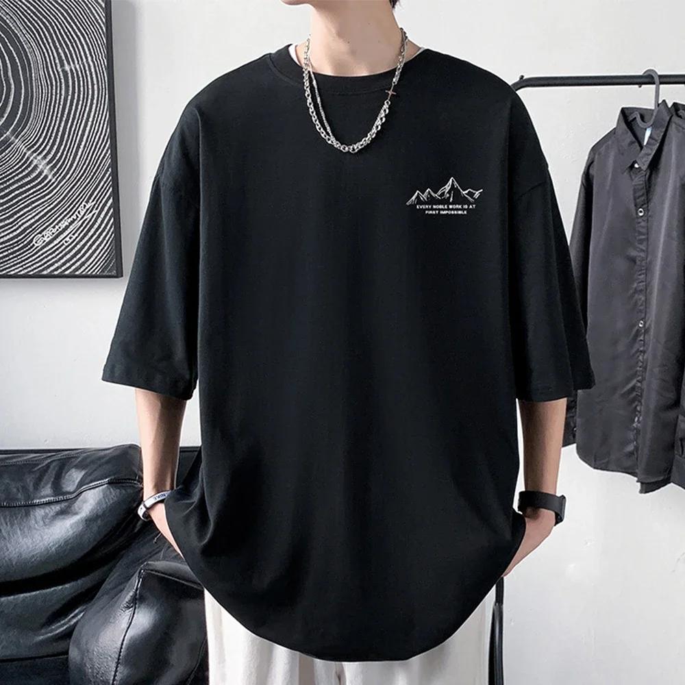 T-shirt en coton imprimé à manches mi-longues pour hommes, t-shirts décontractés à col rond, devant 