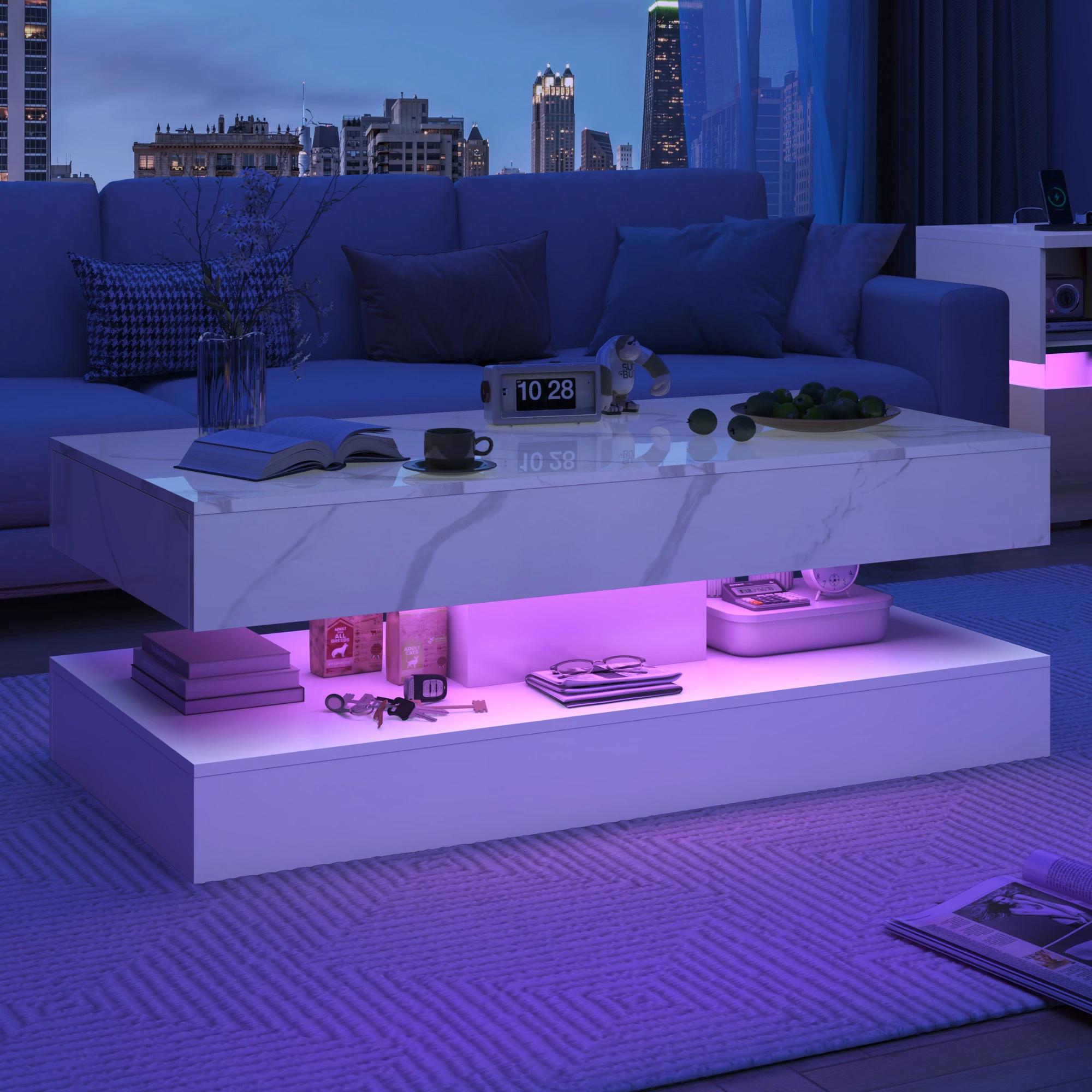 Table basse moderne avec lumières LED, table basse avec 2 rangements, design double couche, salon