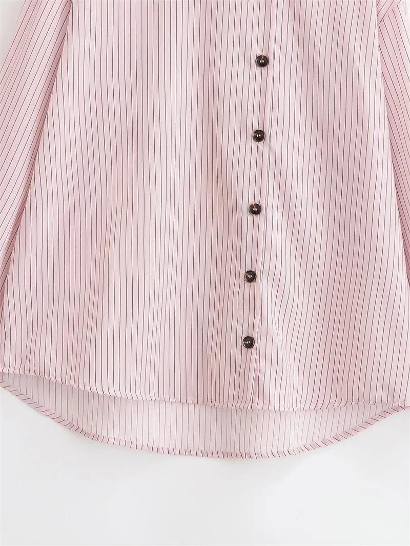 Chemise Femme Printemps 2026 Nouveau Style Rose Rayée Manches Longues Col Montant Boutonnage Simple 