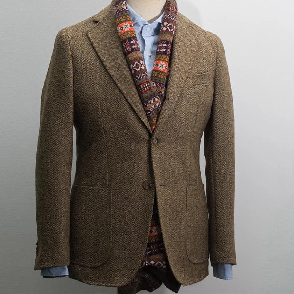 Costume pour hommes, Blazer marron, Tuxedos de bal, laine à chevrons, Tweed, simple boutonnage, vest