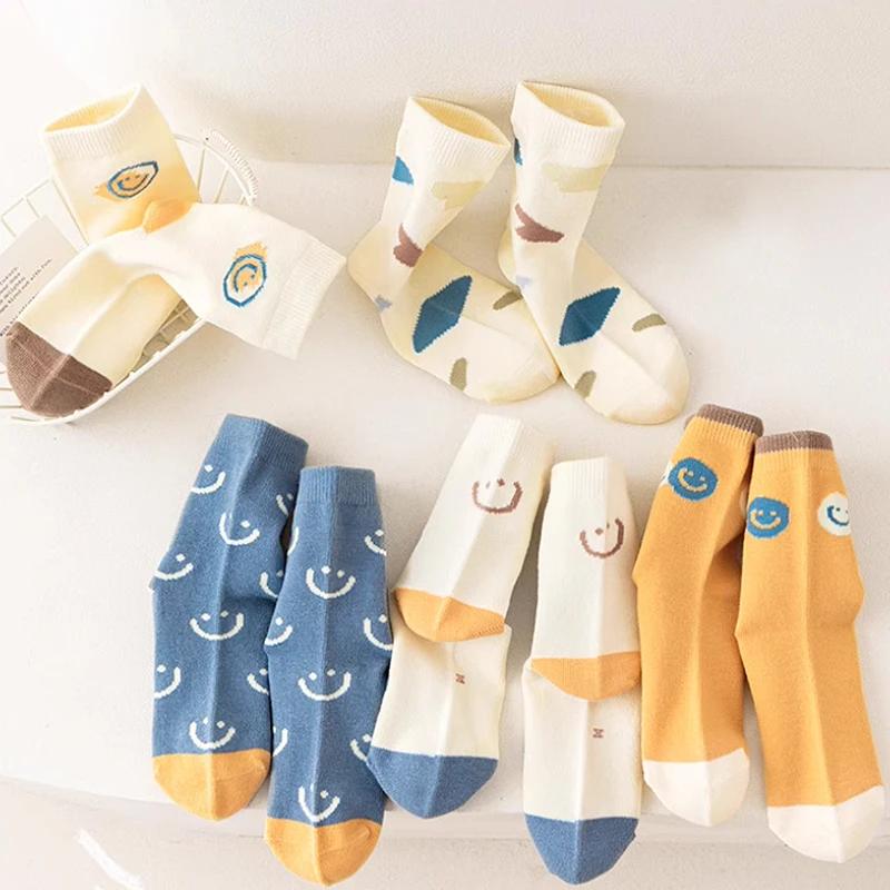 5 paires de chaussettes en coton solide pour enfants garçons, demi-chaussettes avec lettres souriant