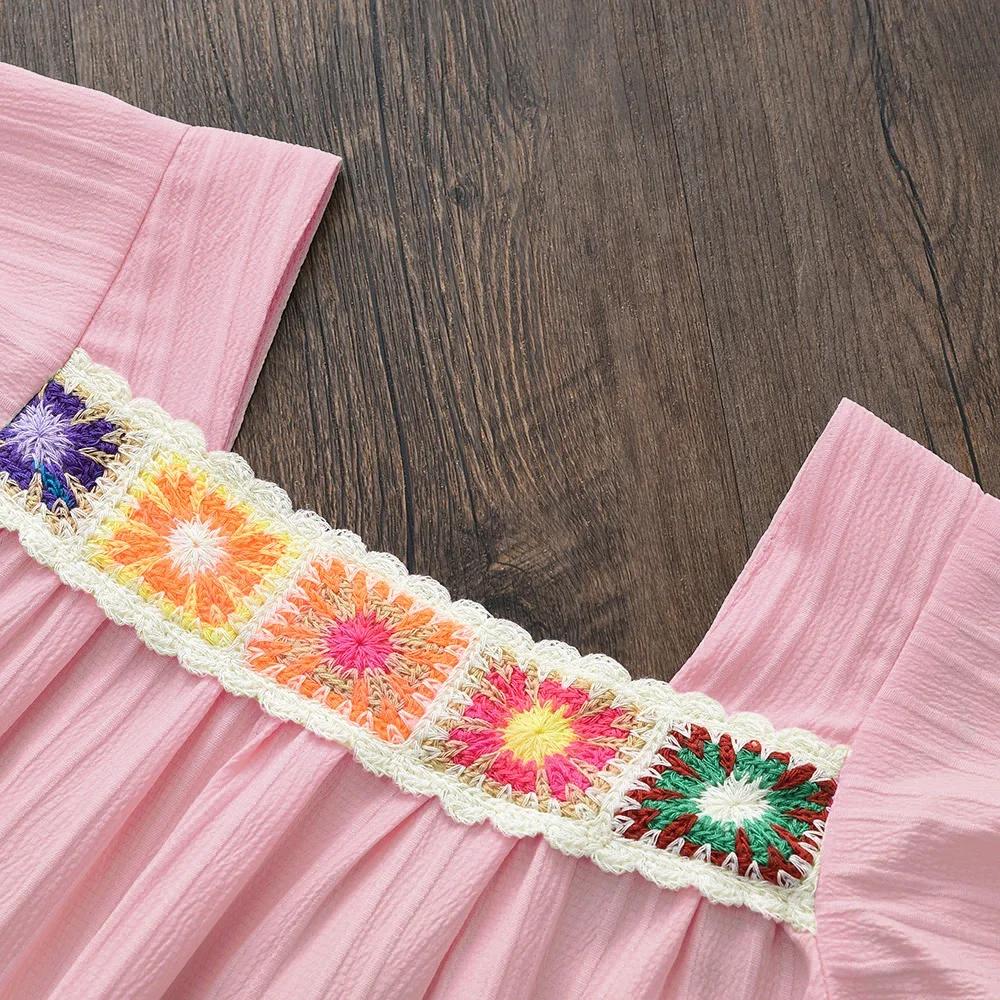 Costume pour enfants, Style vacances, couleur unie, broderie de fleurs, col carré, haut à manches co