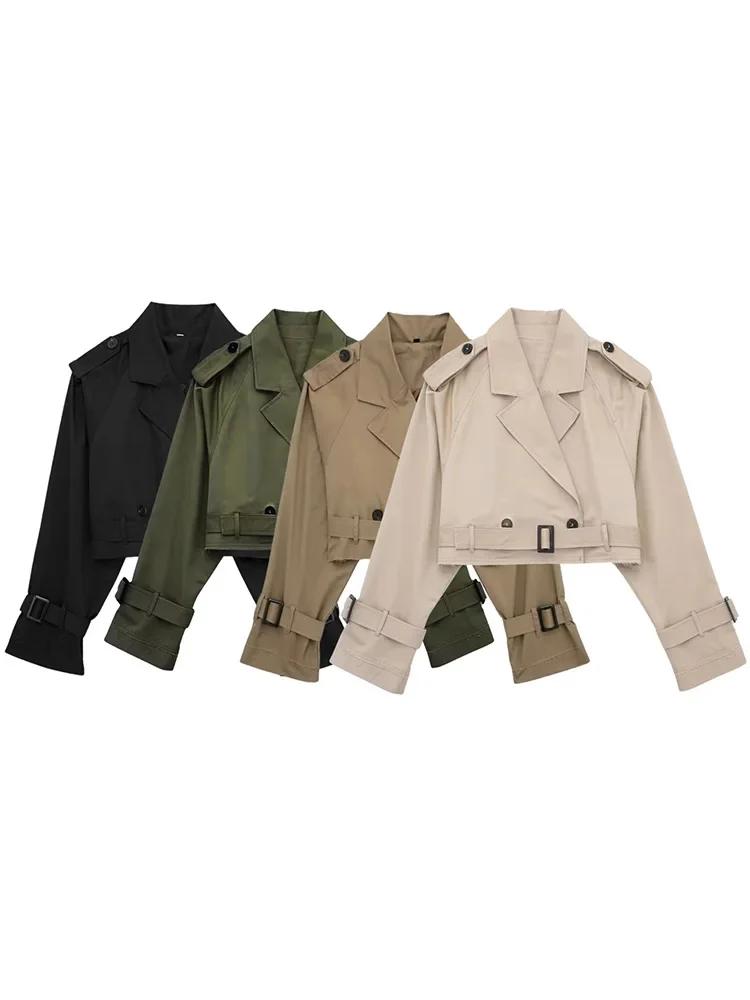 HH 2025 femmes ceinture recadrée Trench printemps veste Vintage Streetwear Double boutonnage à manch