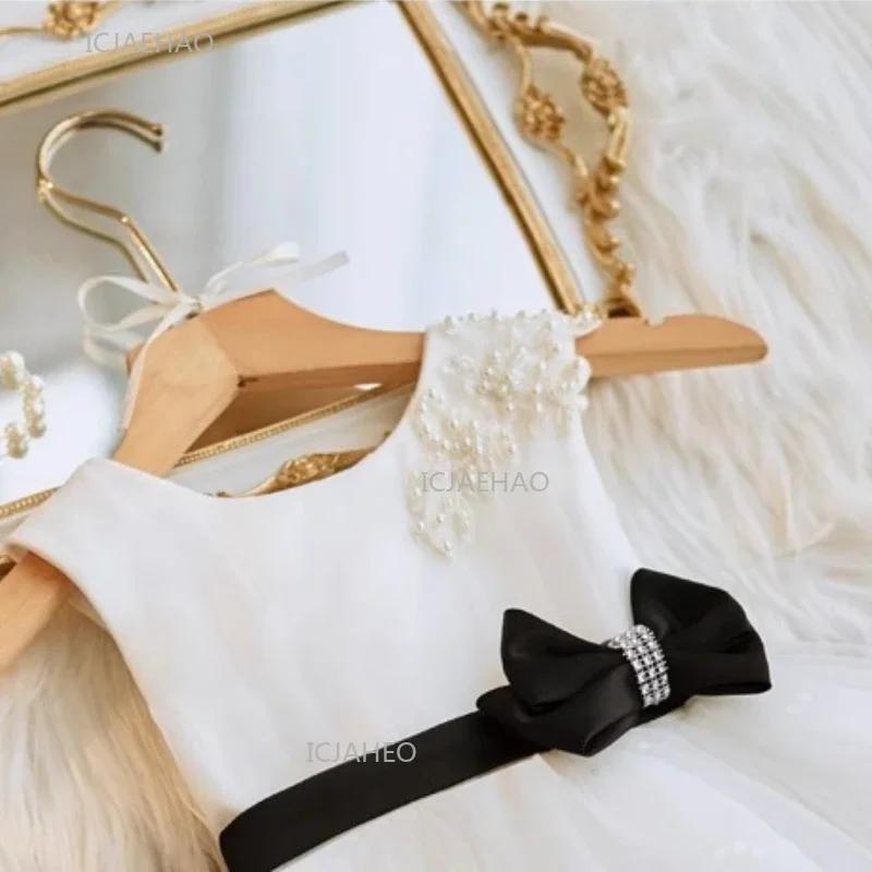 Robe de soirée noire pour filles avec nœud et ceinture, tenue de princesse tutu pour enfants, idéale