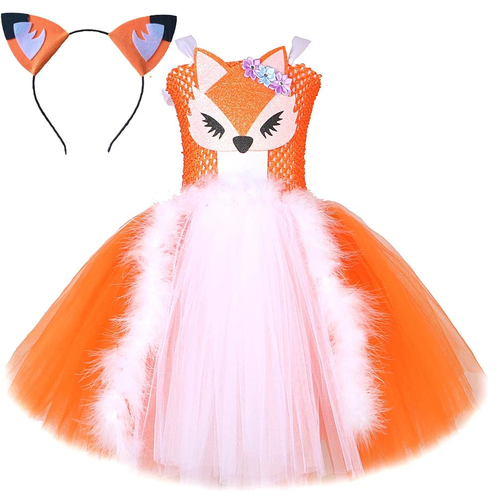 Costumes de renard blanc et orange pour filles, enfants, robe tutu fantaisie avec oreilles, tenues d