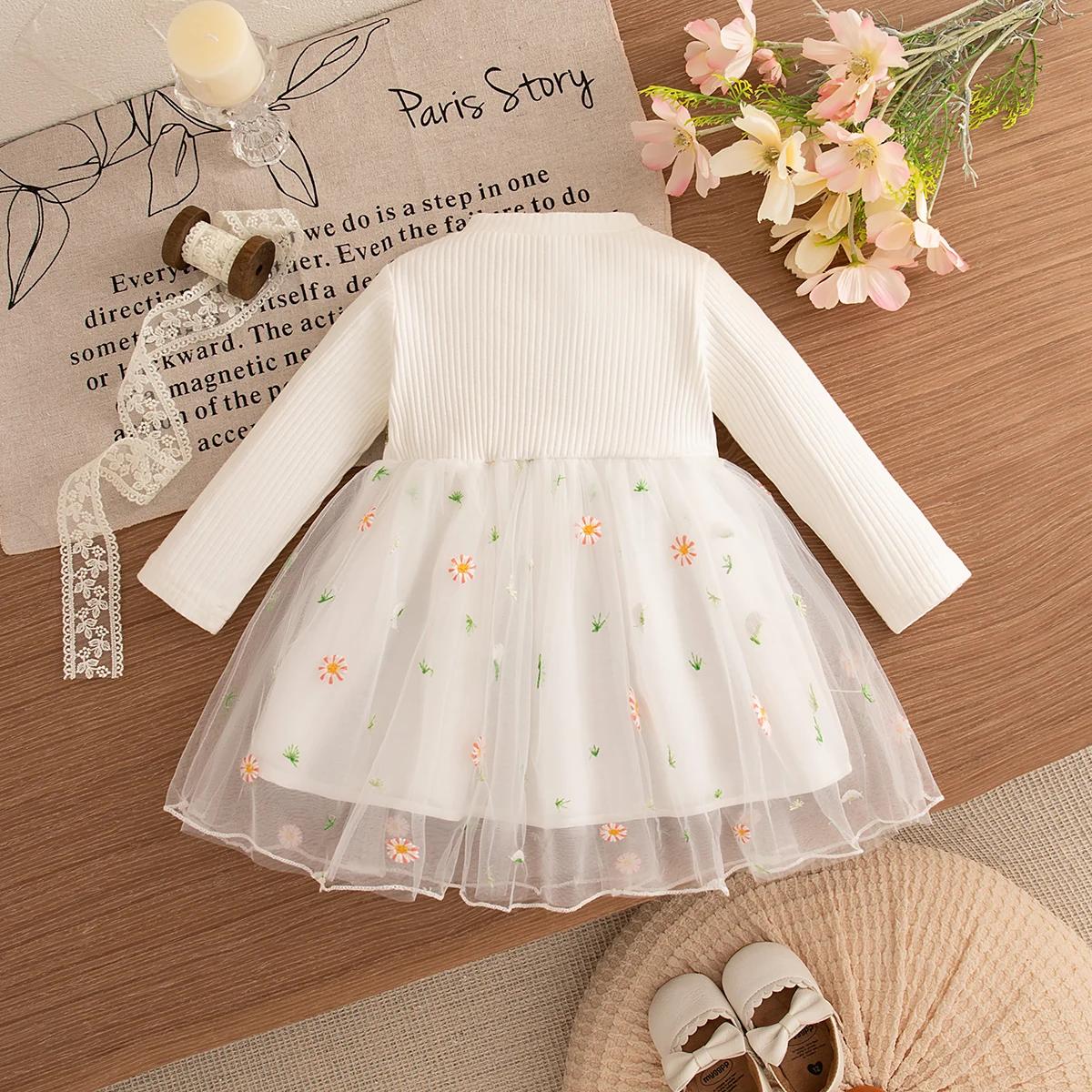 Robes de printemps et d'automne pour petites filles, en maille brodée de fleurs, robes de princesse 