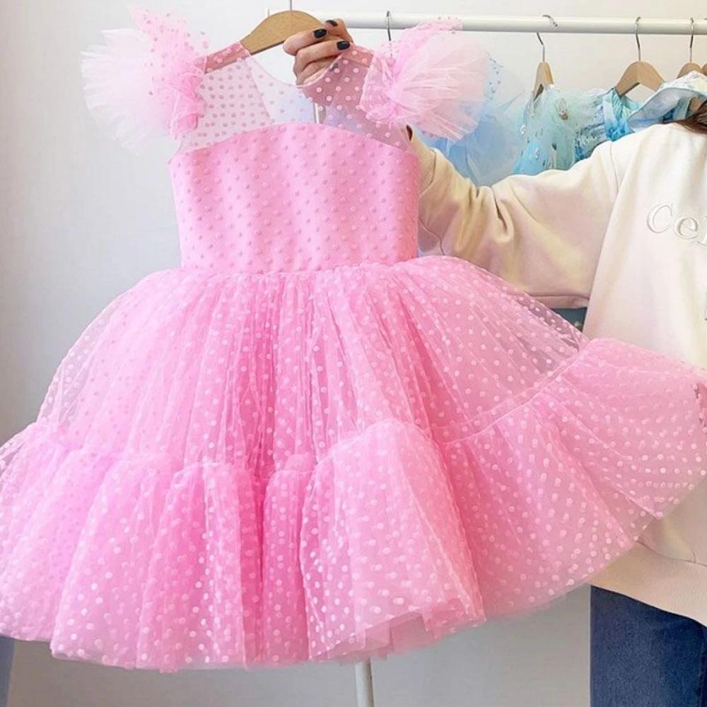 Robes de mariée à fleurs pour filles, bleu ciel, élégantes, col rond, sans manches, à pois, en dente