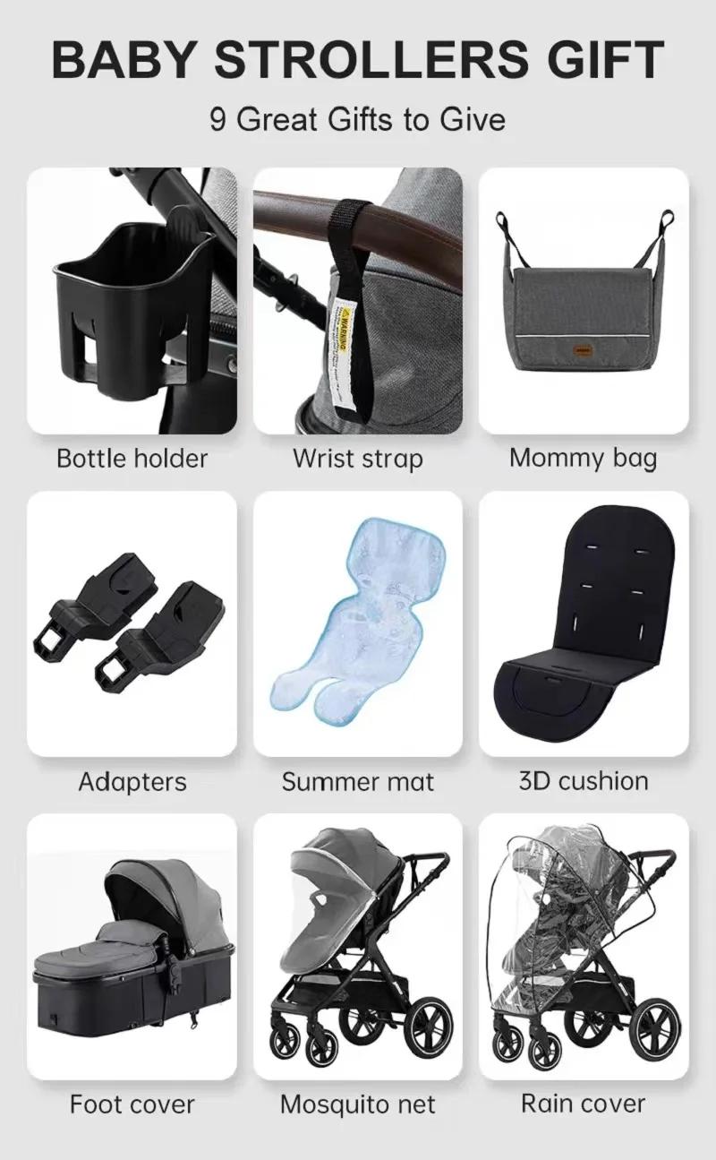 Poussette multifonction 3 en 1 pour bébé avec landau pliable compact, poussette légère, siège auto e