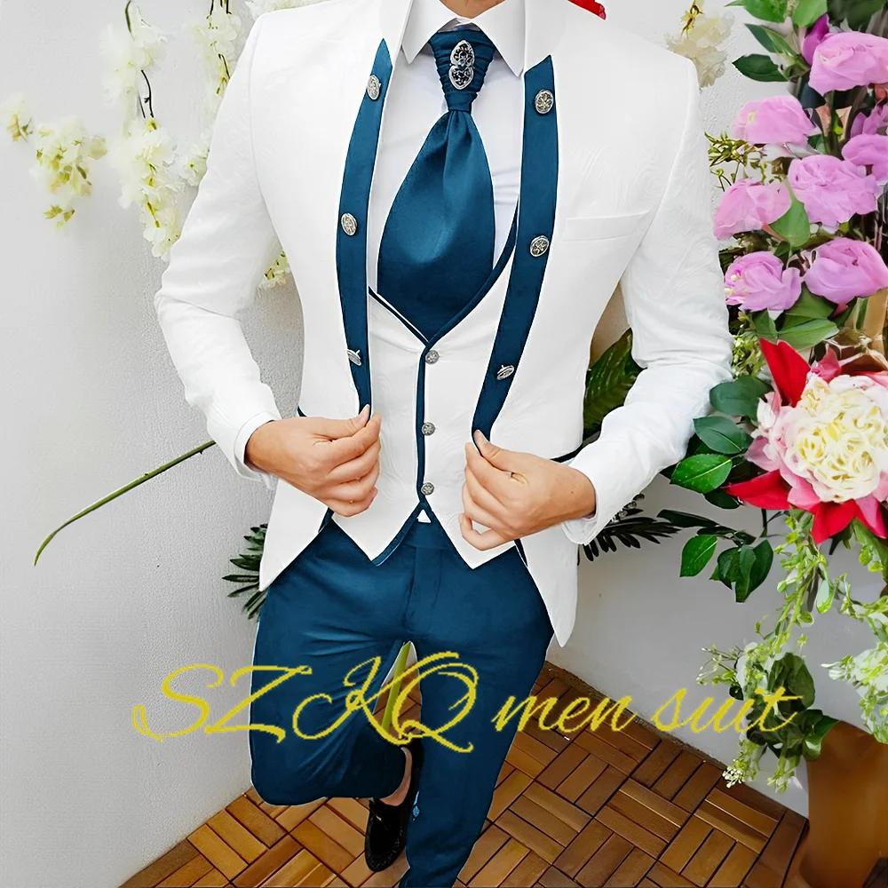 Veste et pantalon à fleurs blanches pour hommes, smoking de mariage, glaaught, ensemble 3 pièces, bl