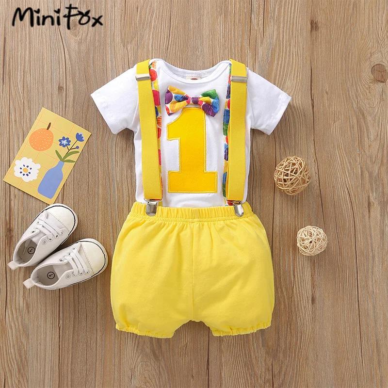 Tenue anniversaire 1 an bébé garçon MiniFox - Body et short à bretelles avec numéro 1 imprimé