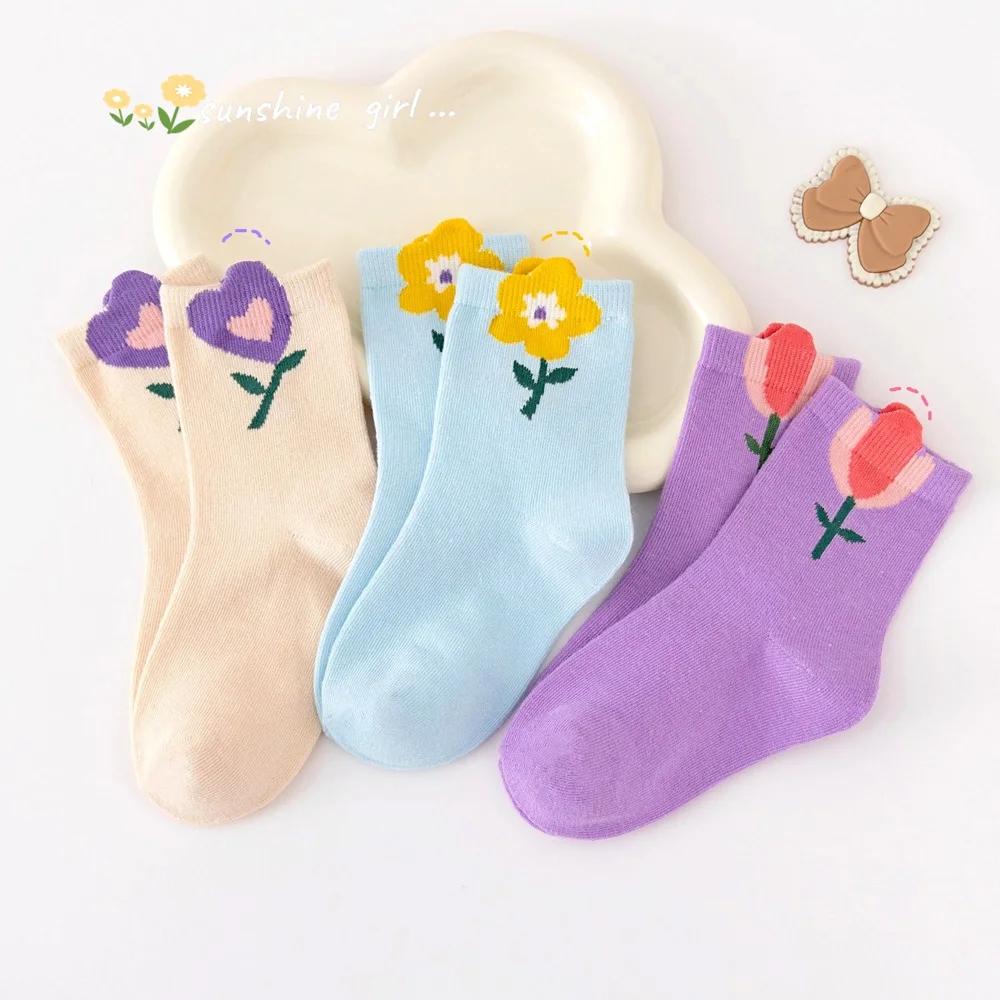 5 paires de chaussettes pour filles, motif de fleurs de dessin animé mignon, chaussettes confortable