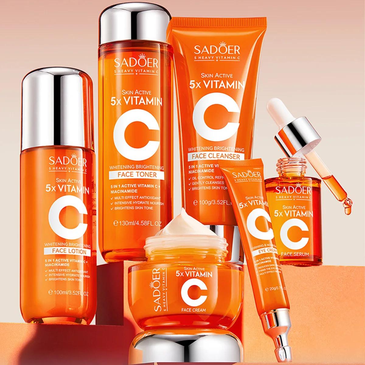 Coffret cadeau de 6 pièces pour soins de la peau à la vitamine C, blanchissant, éclaircissant, hydra