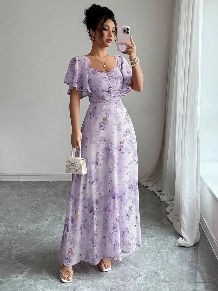 Mini robe de style français pour femmes, avec imprimé papillon violet, manches chauve-souris et ferm