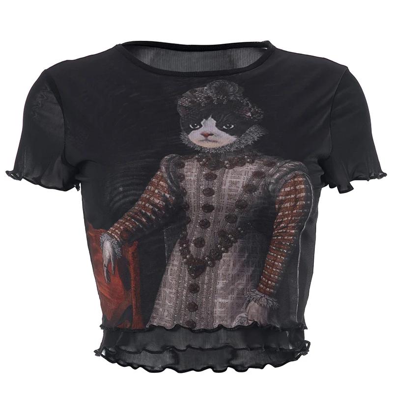 Y2K-T-shirt à manches courtes en maille de dentelle pour femmes, haut court imprimé chat, transparen