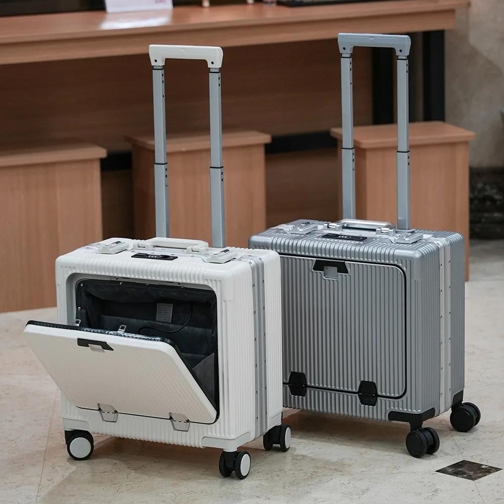 Valise de poche à ouverture avant, cadre en alliage d'aluminium, bagages roulants de 18 pouces, sacs