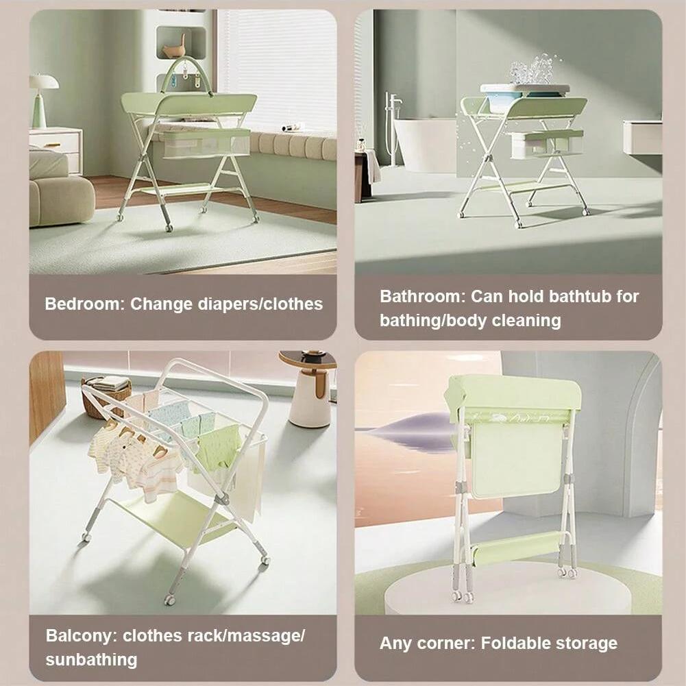 Table à langer bébé avec roulettes, station à couches pliable réglable en hauteur, portable, avec or
