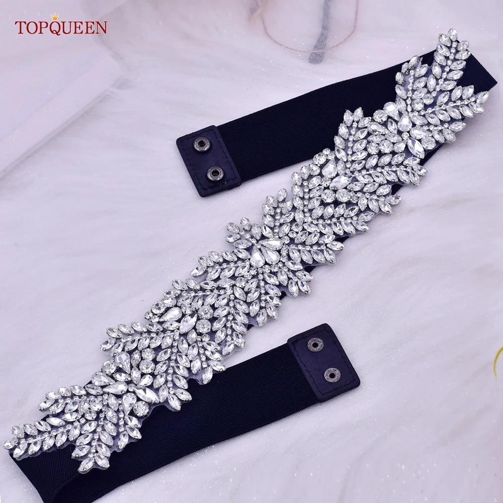TOPQUEEN S420-B femmes noir mode élastique larges ceintures argent strass à la main perlé ceinture r