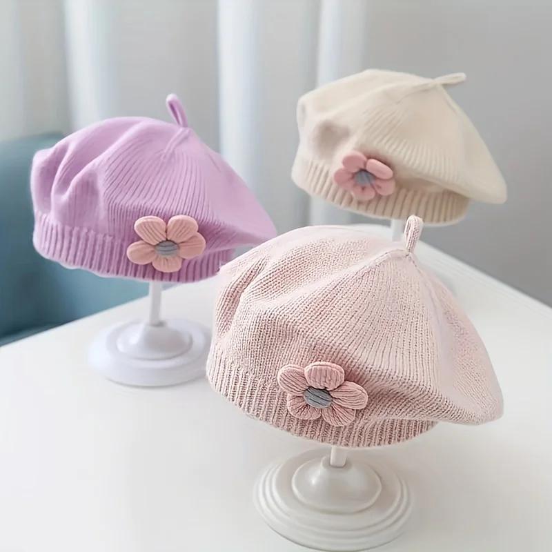 Béret à fleurs pour bébé, bonnet tricoté chaud d'hiver pour nourrissons filles, casquettes de peintr