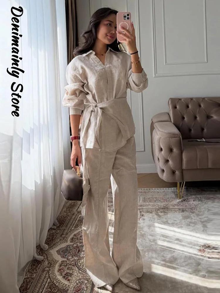 Ensemble décontracté 2 pièces en lin pour femme : chemise ample à col revers et lacets, pantalon lar